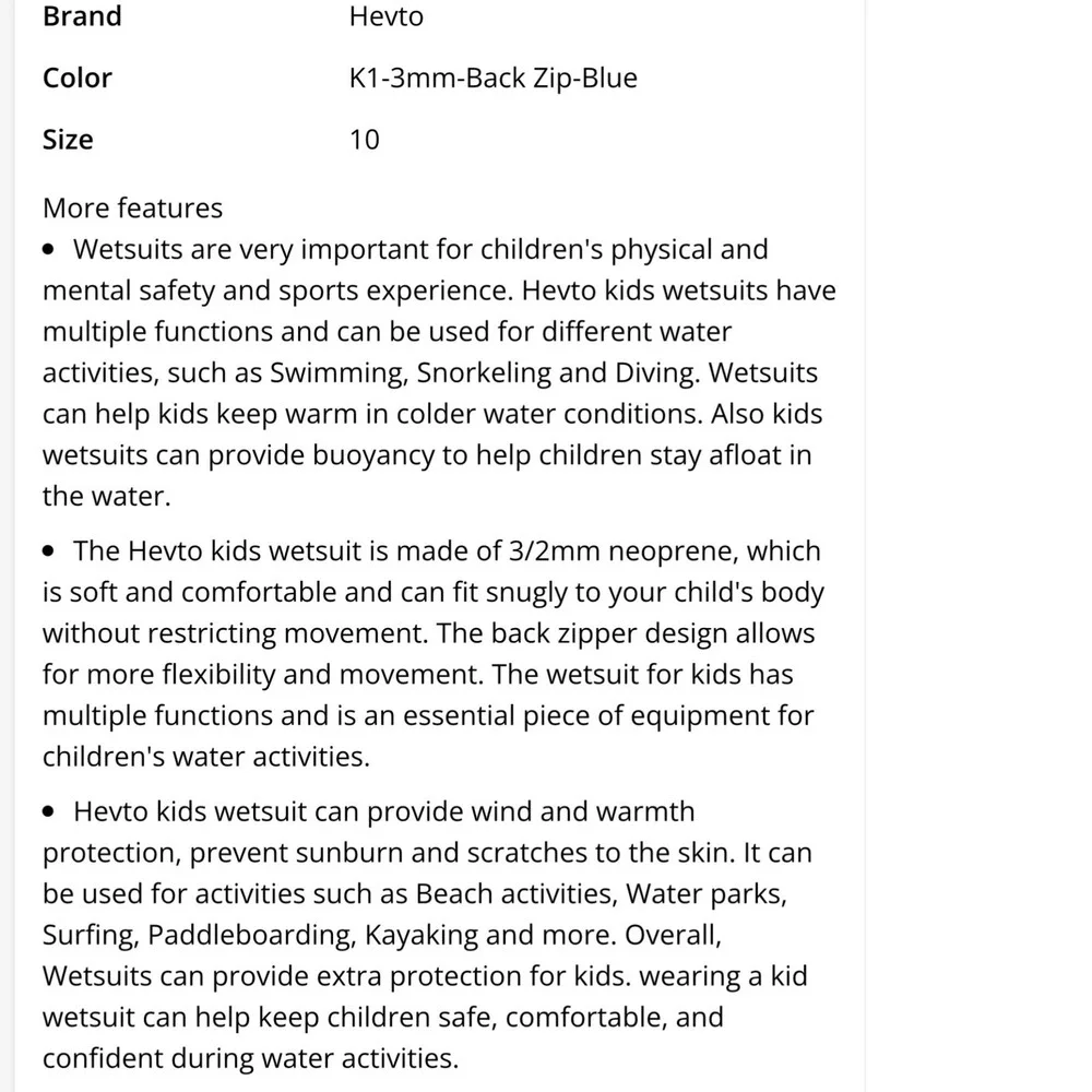 Hevto Wetsuit Kids 10 Black Blue Excellent‎ 3/2mm Neoprene Full Body Youth Surf